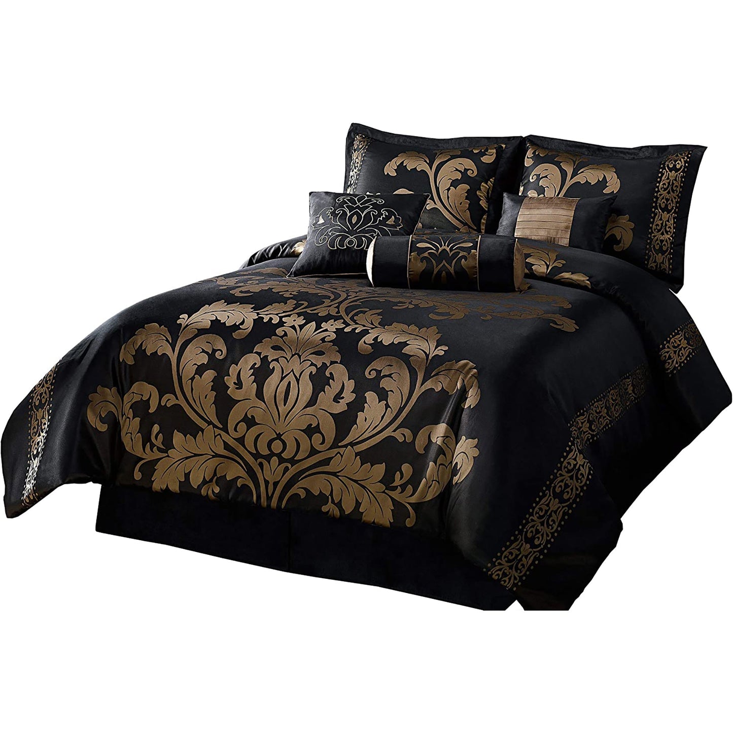 7 Piece Royale Jacquard Floral Comforter Set Queen - Black and Gold