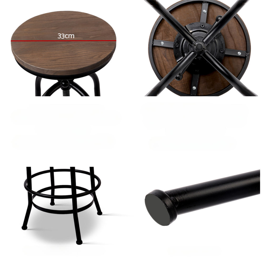 Set of 2 Bar Stool Industrial Round Seat Wood Metal - Black and Brown