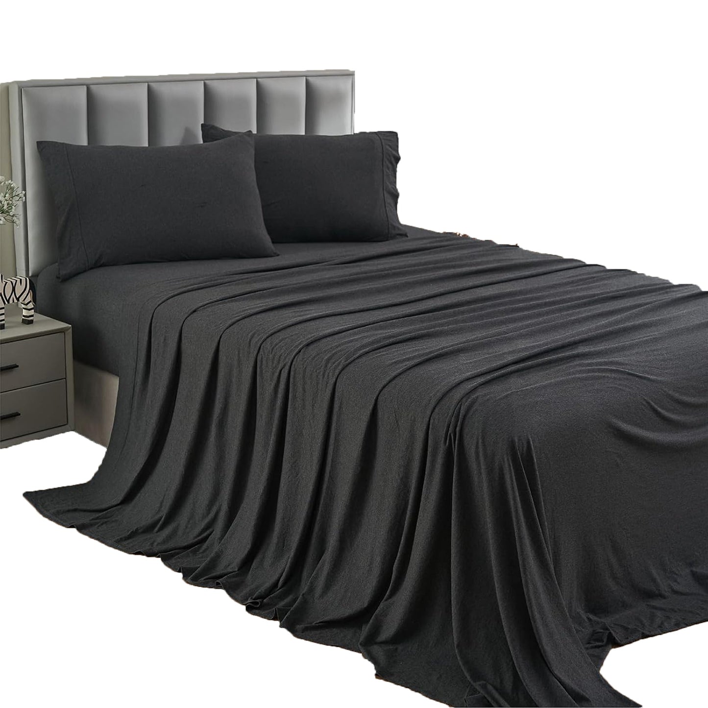 Breathable Skin-Friendly Ultra Soft Cotton Jersey Bed Sheet Set - Charcoal Marle