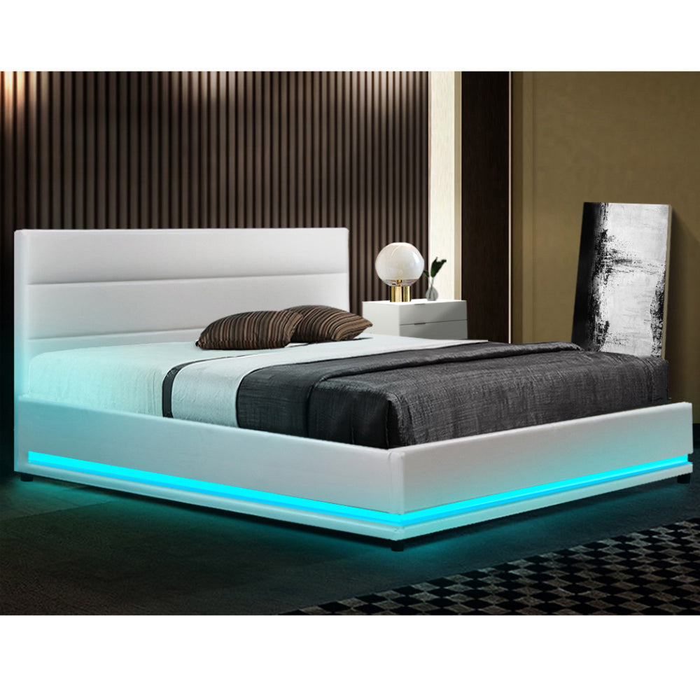 LED Bed Frame Fabric Gas Lift Storage - Grey Queen