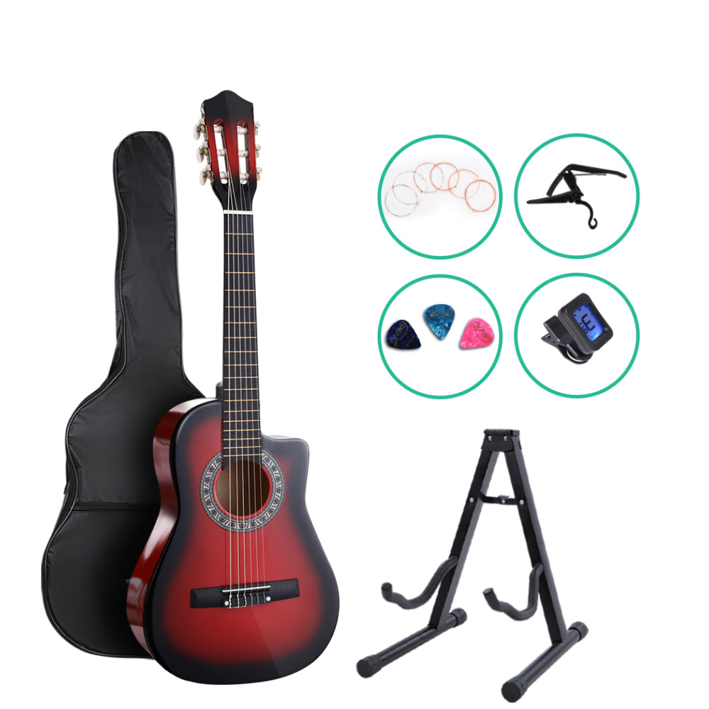34" Inch Guitar Classical Acoustic Cutaway Wooden Ideal Kids Gift Children 1/2 Size Red with Capo Tuner