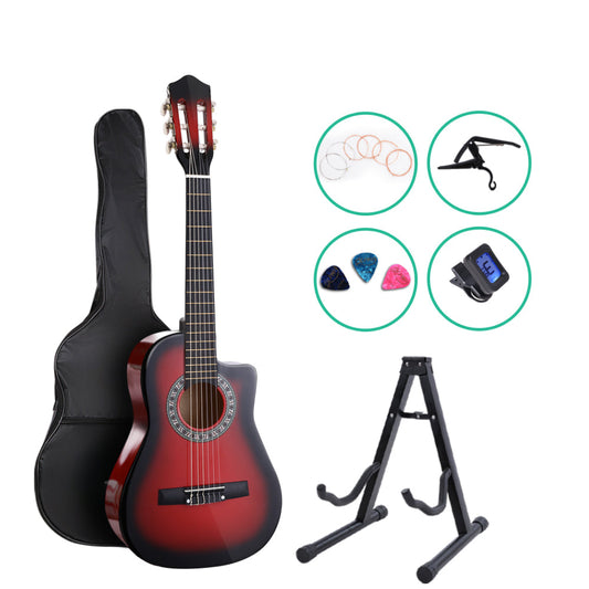 34" Inch Guitar Classical Acoustic Cutaway Wooden Ideal Kids Gift Children 1/2 Size Red with Capo Tuner