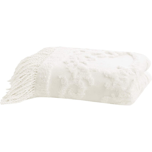 Cotton Tufted Chenille Design with Fringe Tassel Luxe Cottage Room Blanket - Ivory