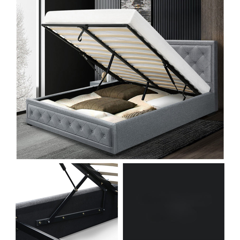 Bed Frame Fabric Gas Lift Storage - Grey Double