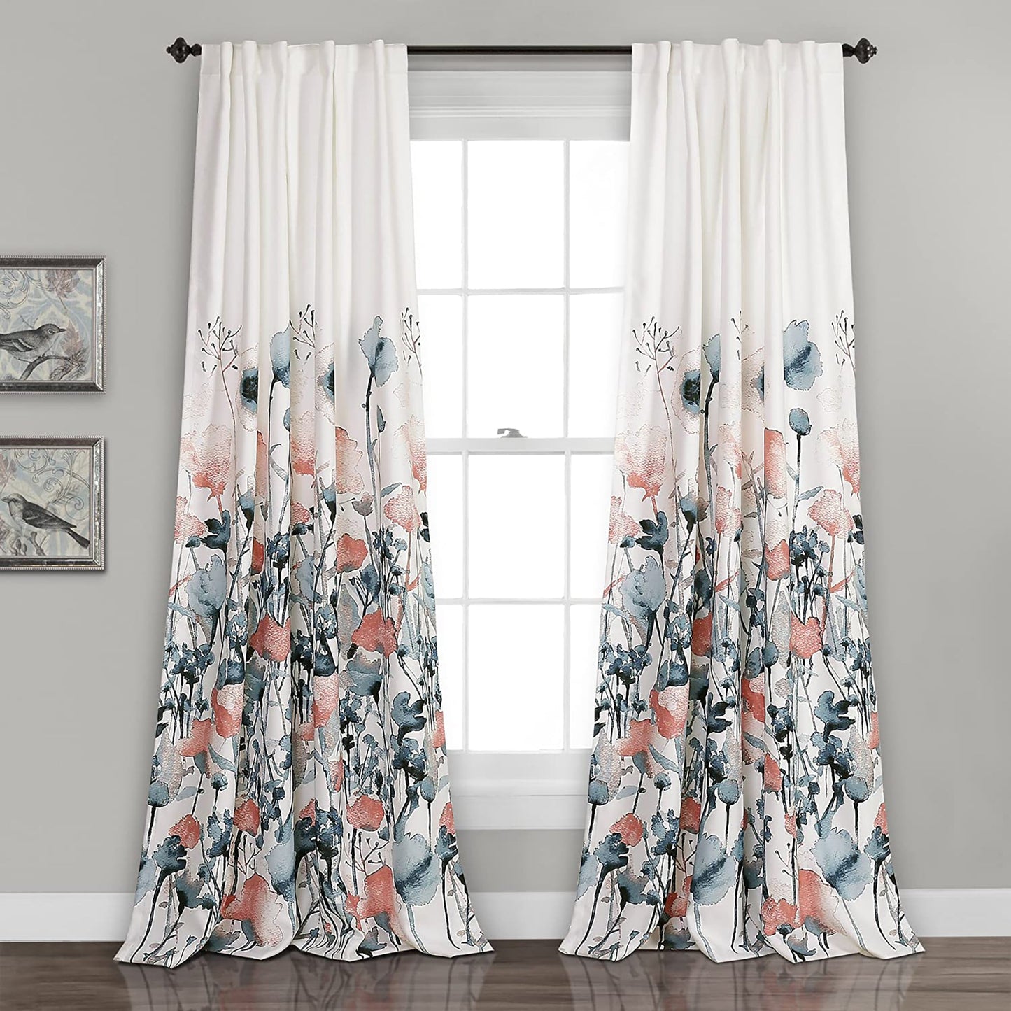 Floral Room Darkening Curtain Panel Set 84x52 Inch - Blue and Coral