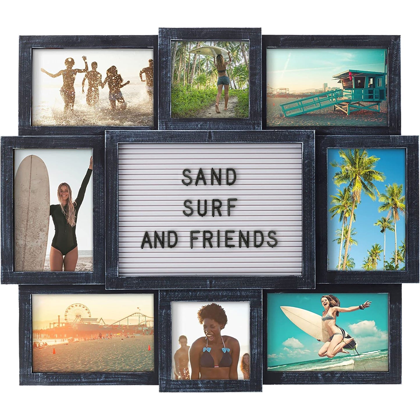 Customizable Wall Mount Letterboard 8-Opening Photo Collage Picture Frame - Black