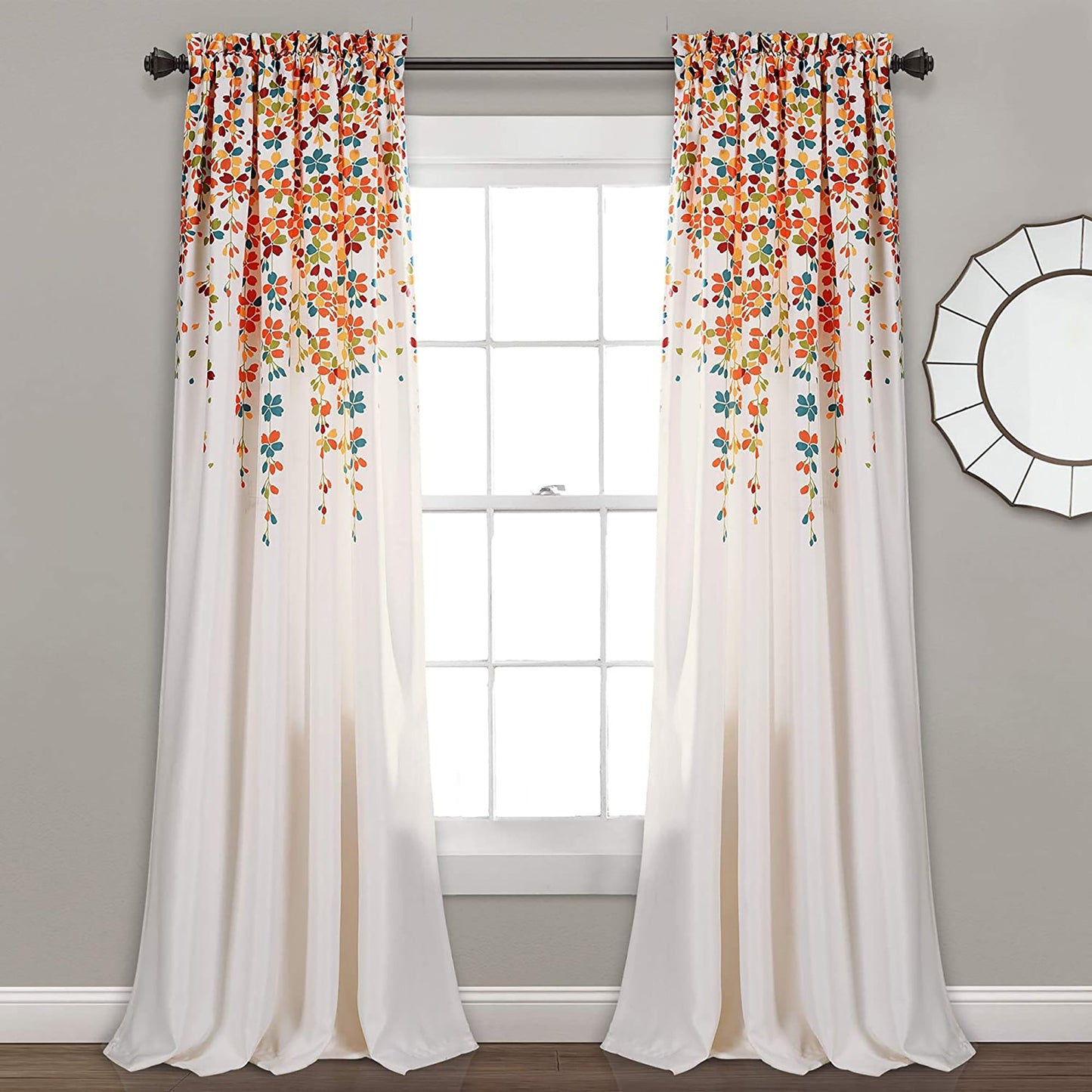 Weeping Flowers Room Darkening Window Panel Curtain Set 84X52 inch - Turquoise and Tangerine