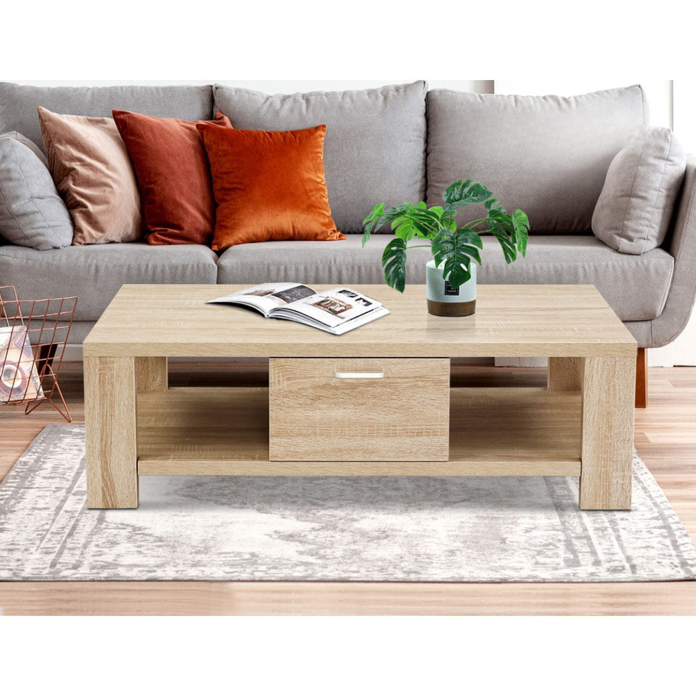 Coffee Table Wooden Shelf Storage Drawer Living Furniture Thick Tabletop