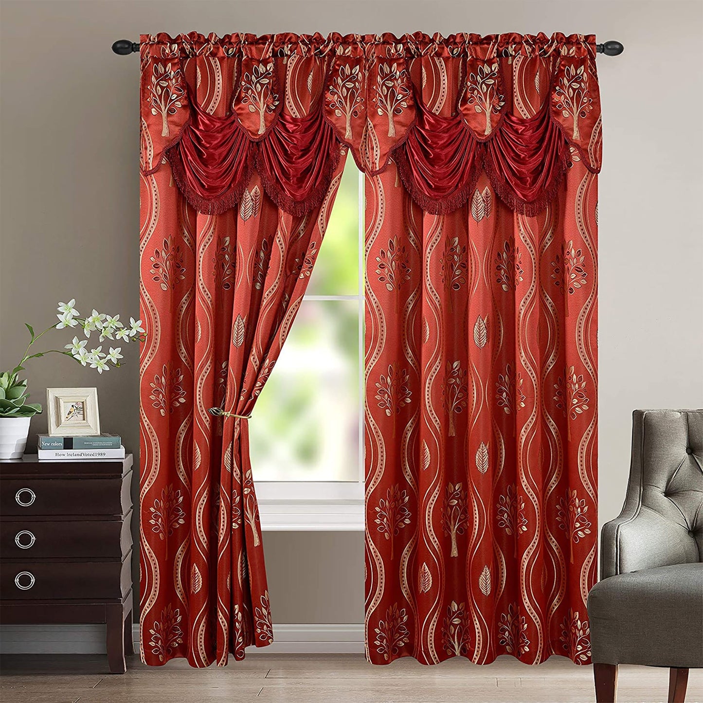 Luxurious Curtain Panel Set with Valance and Backing Set of 2 54X84 inch - Burgundy