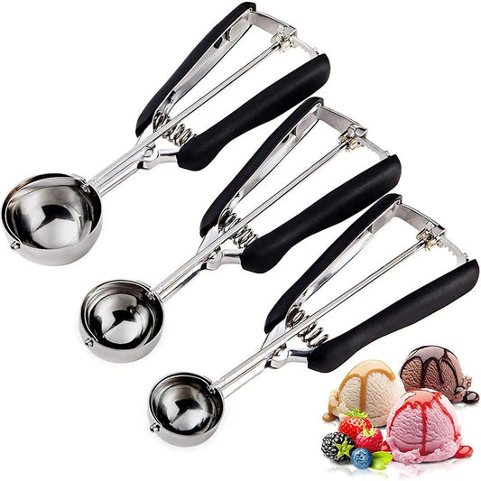 Stainless Steel Ice Cream Scoop with Trigger and Soft Silicone Handle - Black