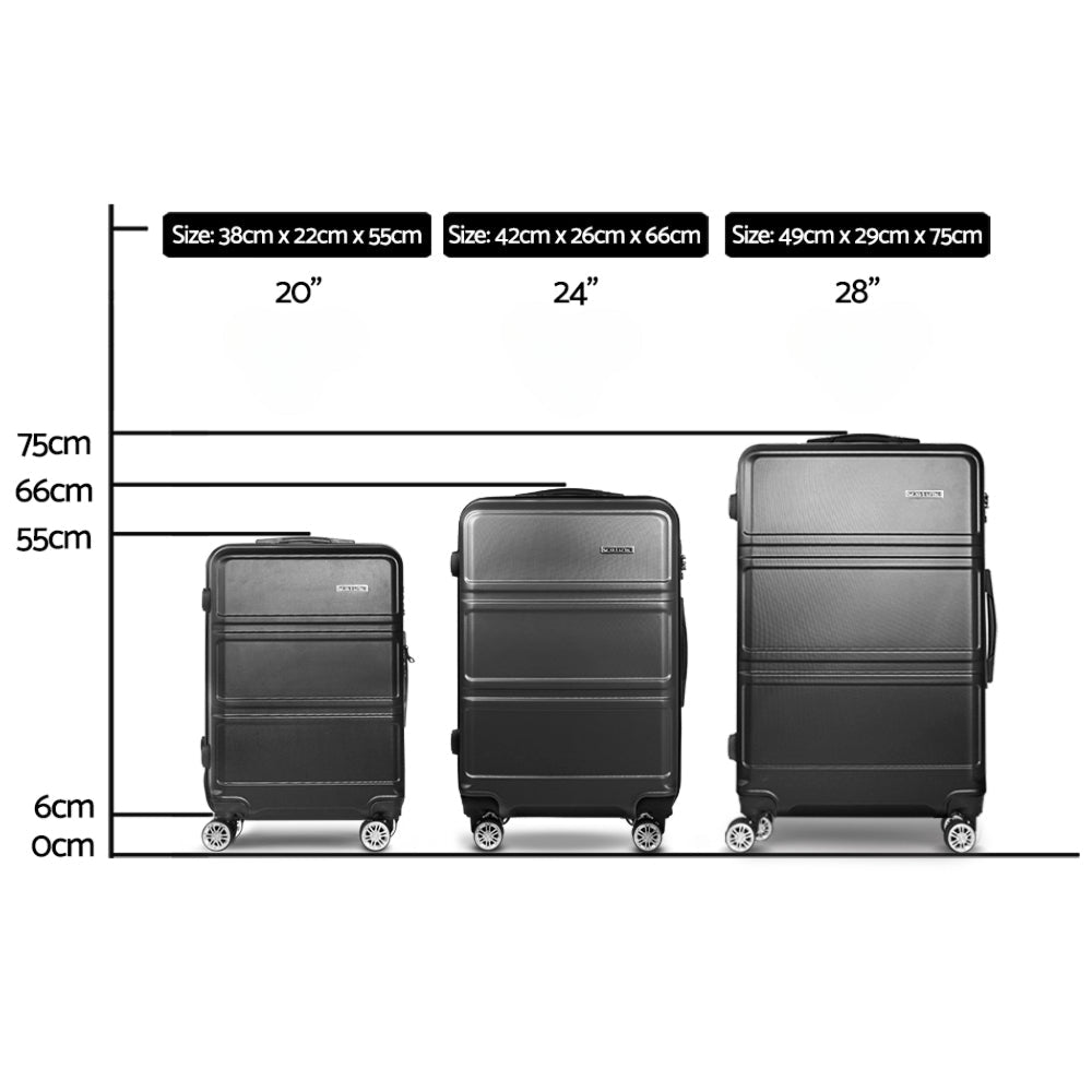 3pc Luggage Trolley Set Suitcase Travel TSA Hard Case Black
