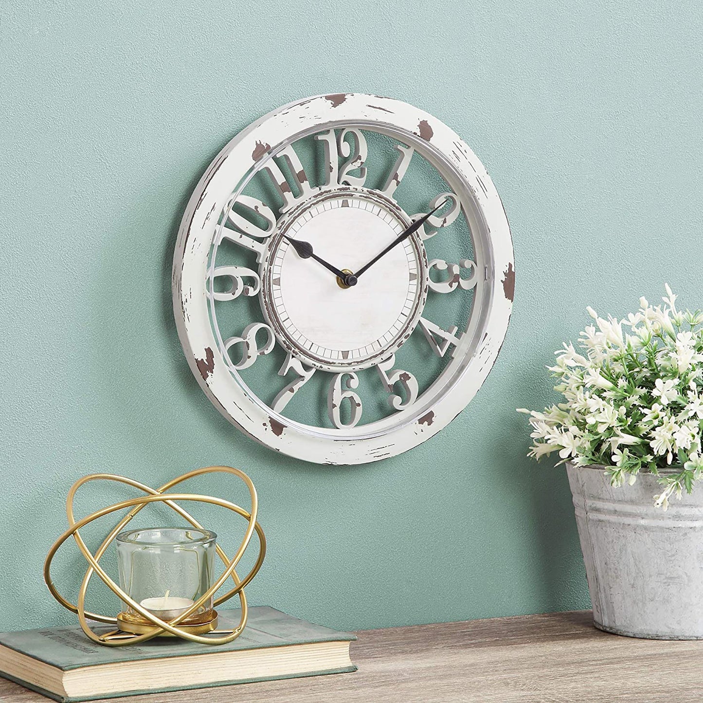Antique Style Farmhouse Contour Wall Clock American Crafted - Distressed Ivory