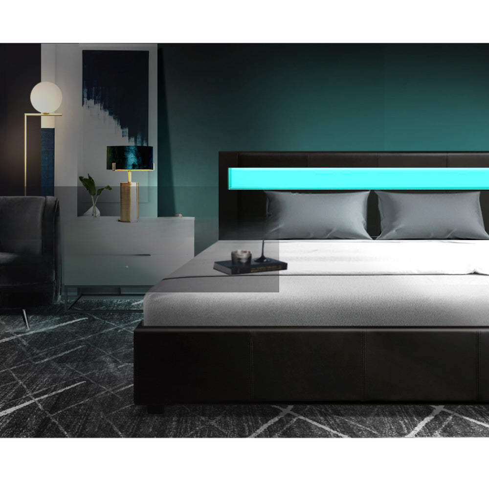 LED Bed Frame PU Leather Gas Lift Storage - Black Queen