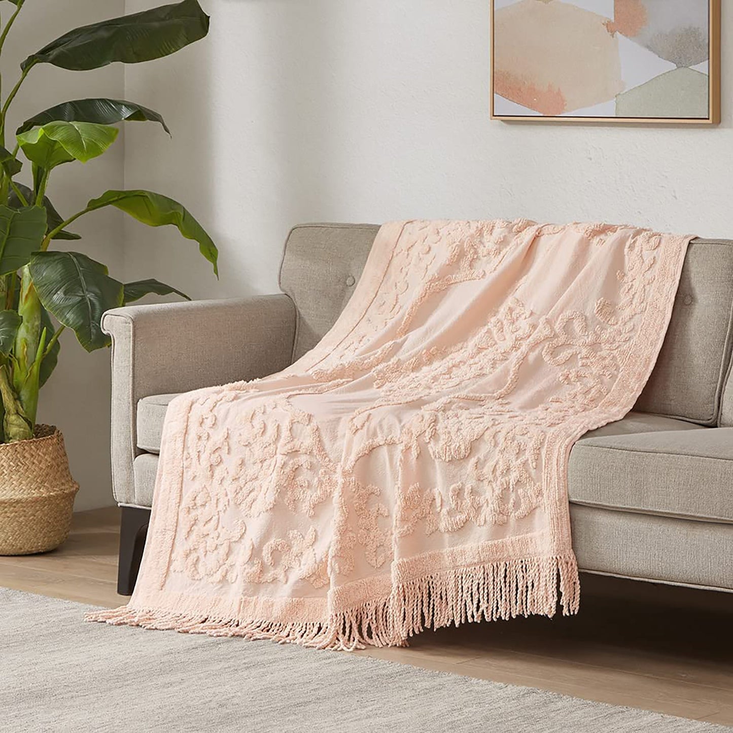 Cotton Tufted Chenille Design with Fringe Tassel Luxe Cottage Room Blanket - Blush