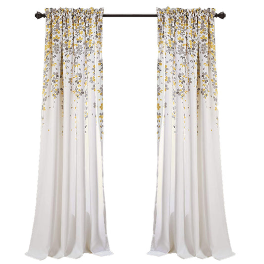Weeping Flowers Room Darkening Window Panel Curtain Set 84X52 inch - Yellow Grey
