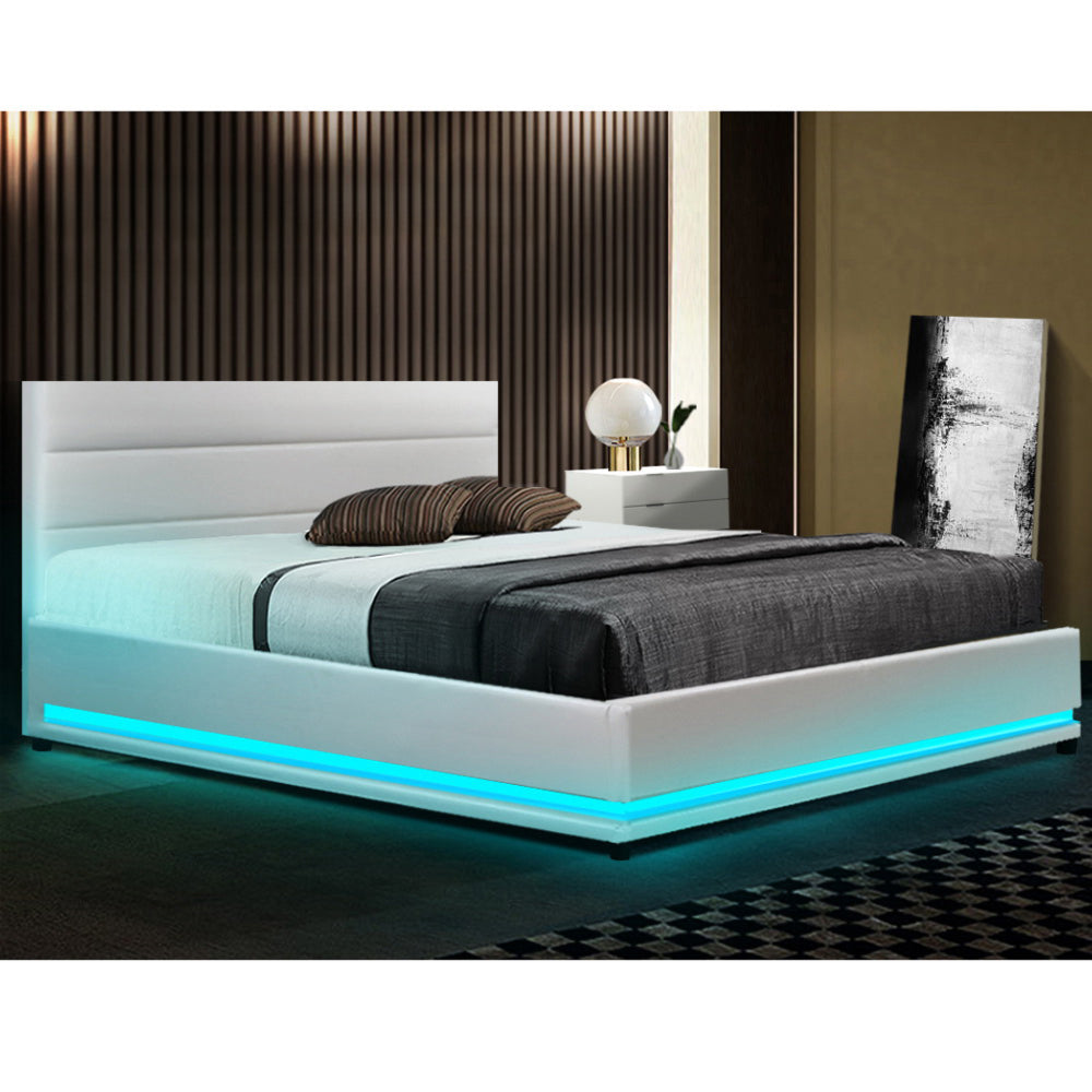 LED Bed Frame PU Leather Gas Lift Storage - White Double