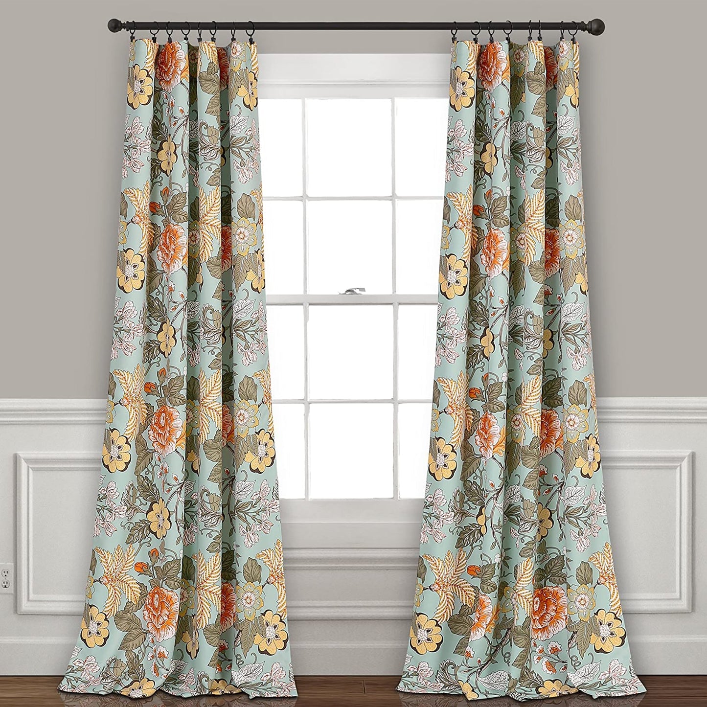 Floral Garden Room Darkening Window Curtain Panel Set 84 x 52 - Blue and Green