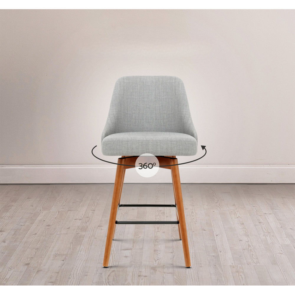 Set of 2 Wooden Fabric Bar Stools Square Footrest - Light Grey