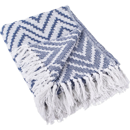 Large Rustic Farmhouse Throw Blanket with Decorative Tassles 50 x 60 - Chevron Nautical Blue