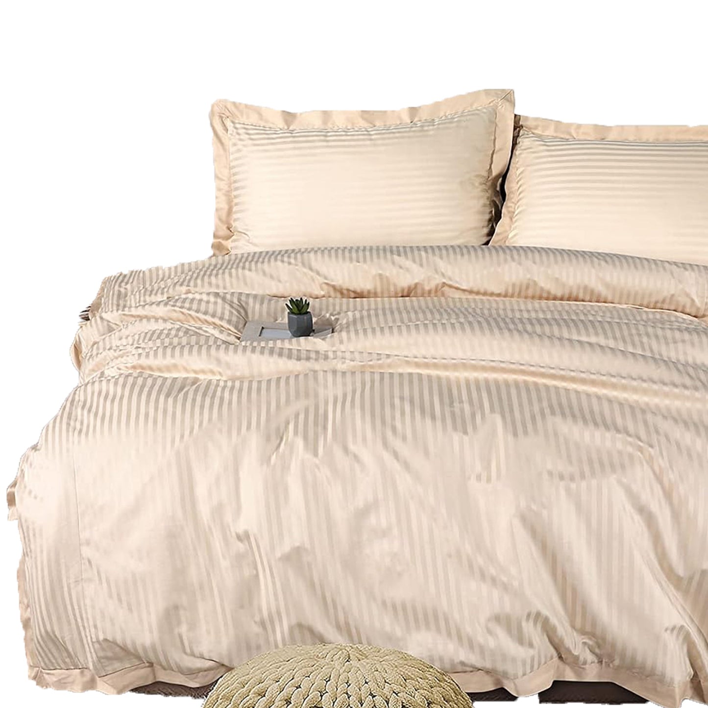 1000 Thread Count Cotton Satin Stripe Reversible Quilt Cover Bedding Set - Ivory