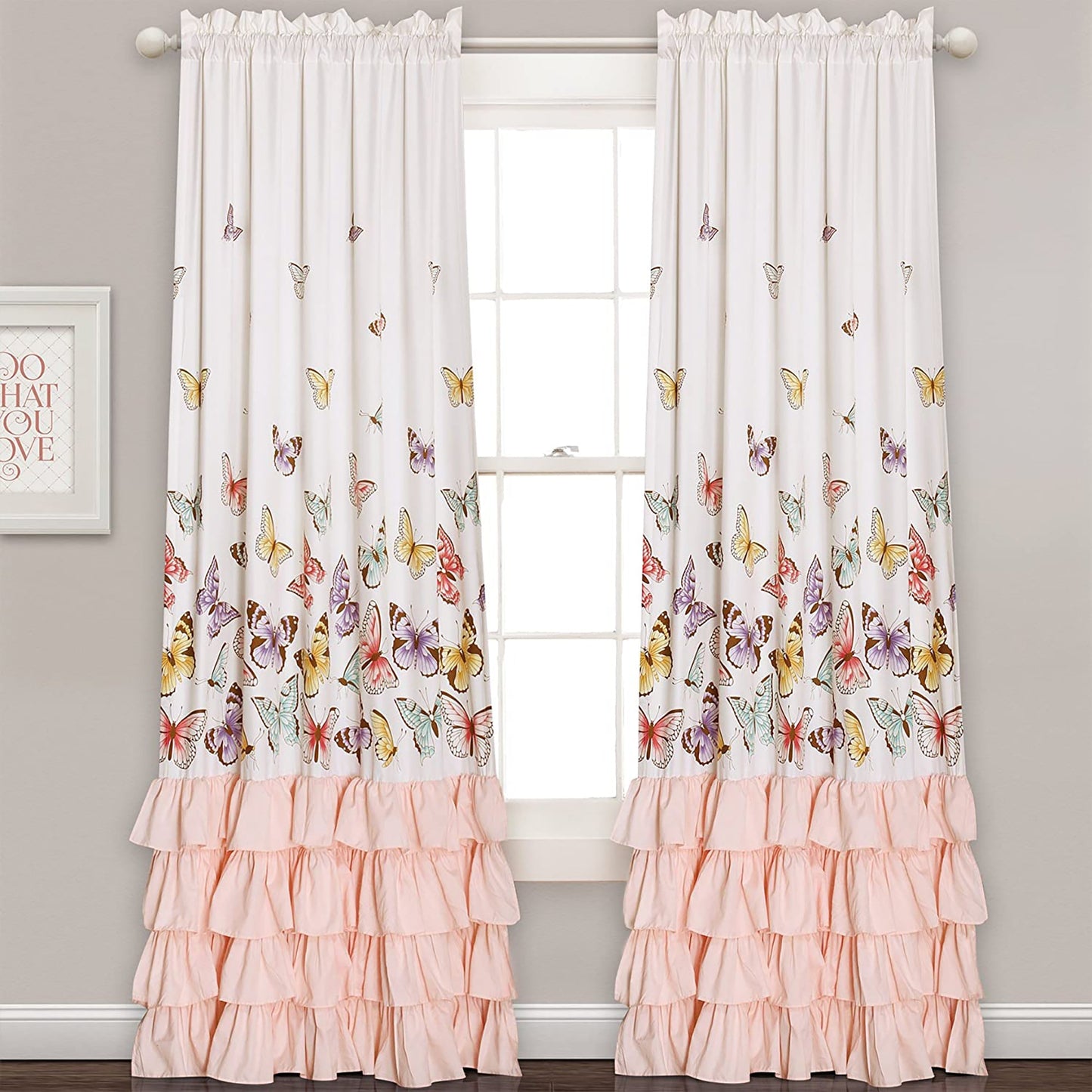 Butterfly Ruffle Print Window Curtain Panel Set 84 x 52 inch - Pink