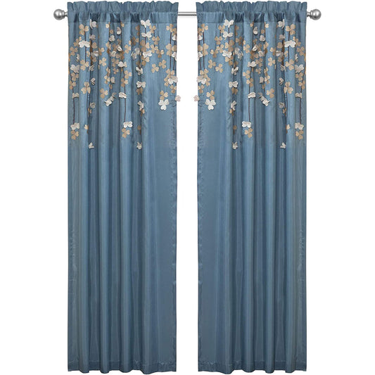 Delicate Laser Cut Vine Flower Drop Curtain Panel - Blue