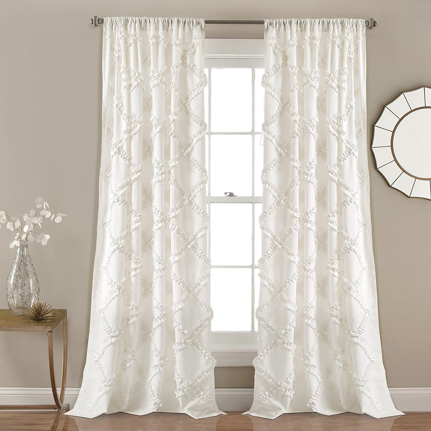Ruffle Diamond Textured Window Curtain Panel Set 84 x 54 inches - White
