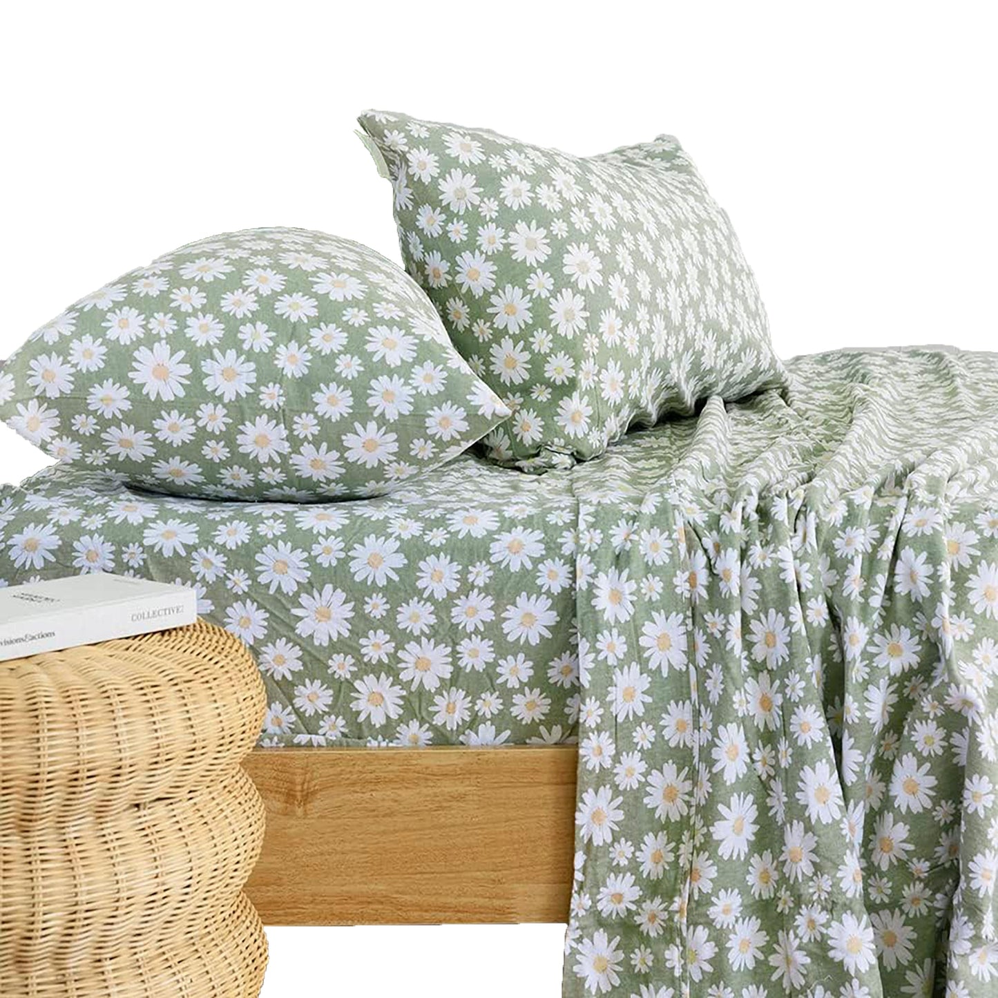 Cotton Daisy Flannelette Sheet Set - Sage
