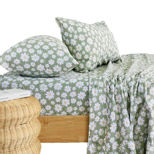 Cotton Daisy Flannelette Sheet Set - Sage