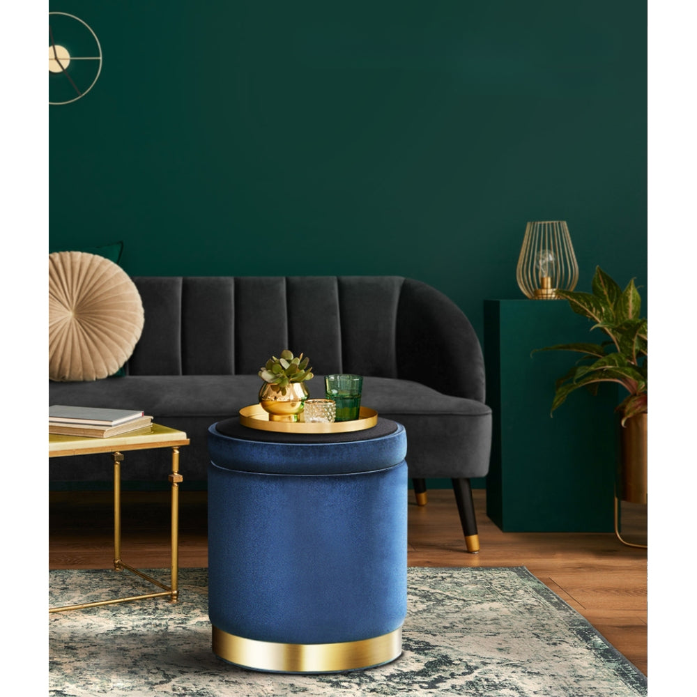 Foot Stool Round Velvet Storage Ottoman Foot Rest Pouffe Footstool Navy