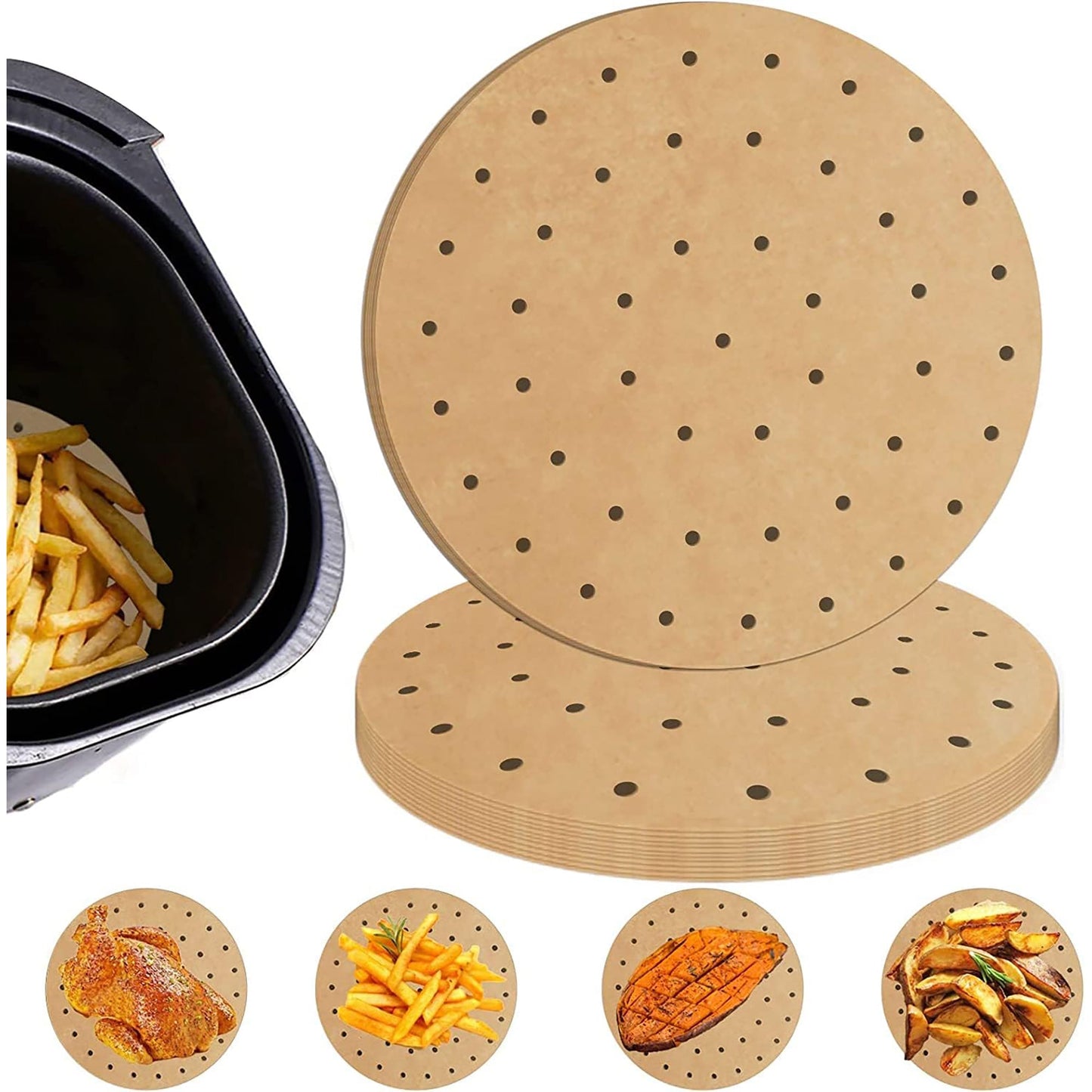 Perforated Circle Disposable Air Fryer Liners 8 Inch 200 Pcs - Brown