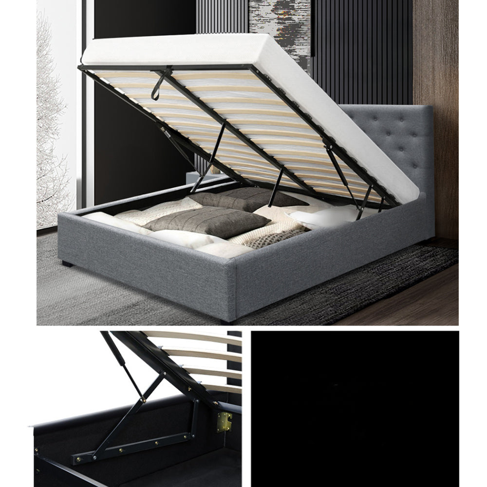 Vila Bed Frame Fabric Gas Lift Storage - Grey Double