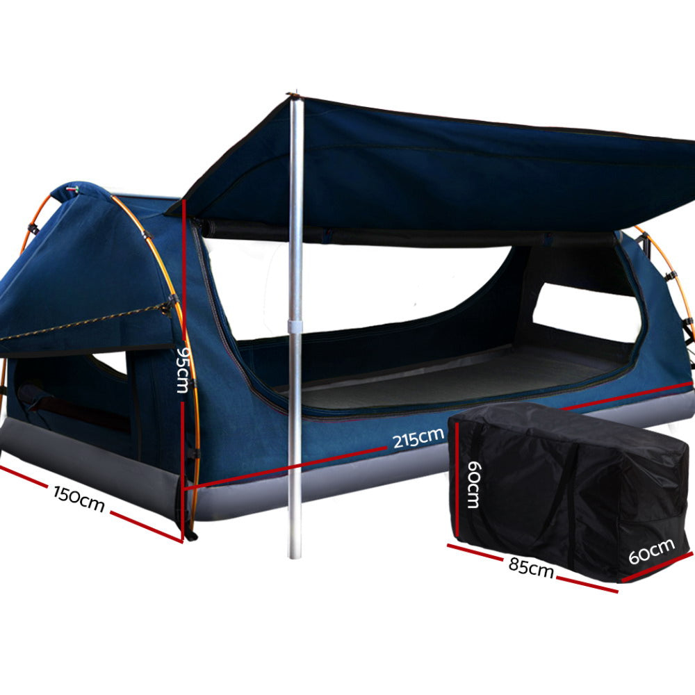Double Camping Swags Canvas Free Standing Dome Tent with Mattress - Dark Blue