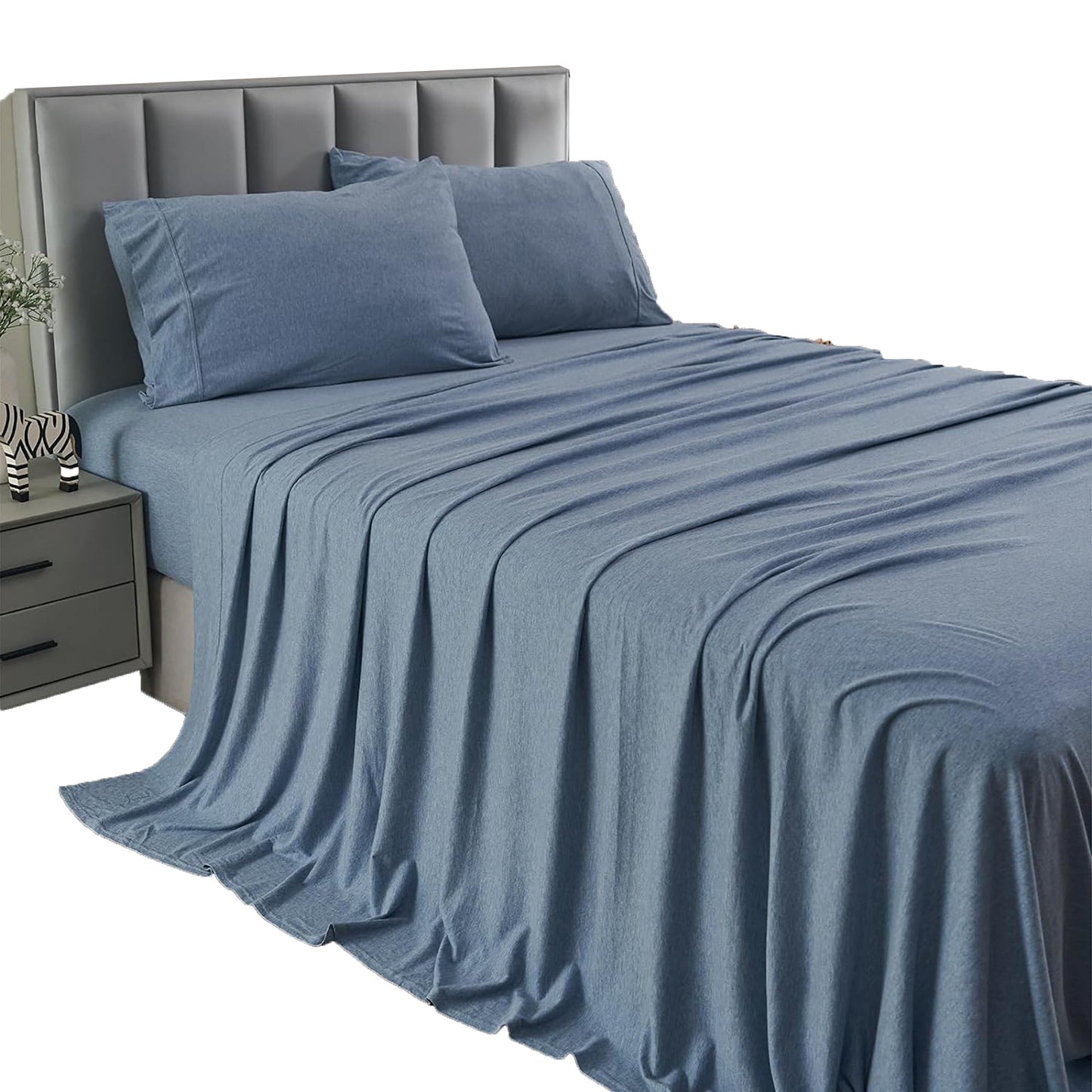 Breathable Skin-Friendly Ultra Soft Cotton Jersey Bed Sheet Set - Blue Chambray Marle