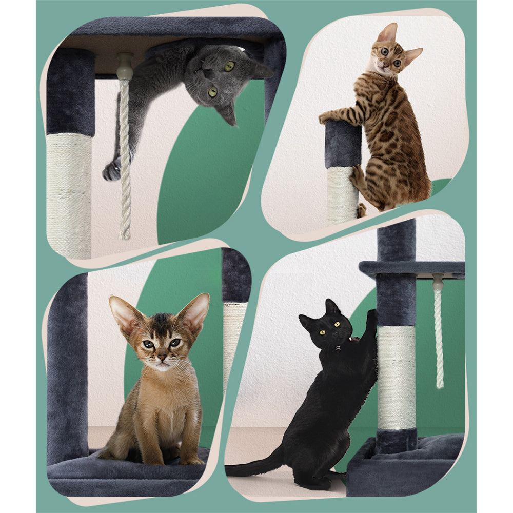 Cat Tree Scratching Post Tower House Hanging Toys Grey - 102cm