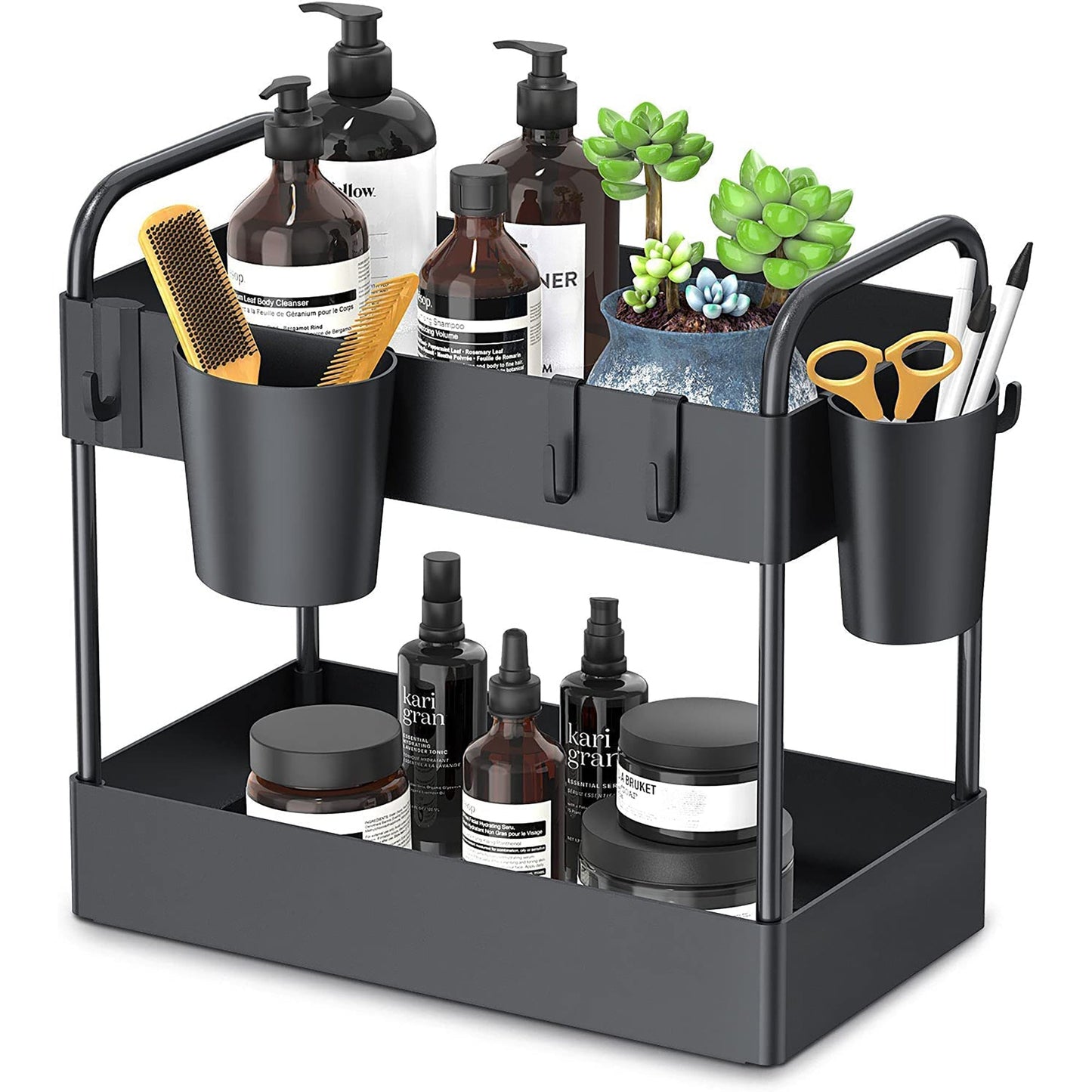 2 Tier Rack Shelf Storage Organizer with 4 Hooks 2 Hanging Cups - Black