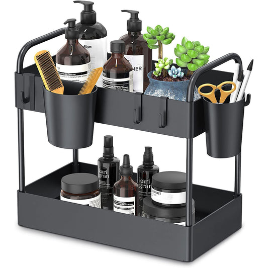 2 Tier Rack Shelf Storage Organizer with 4 Hooks 2 Hanging Cups - Black