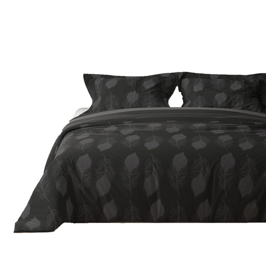 Reversible Microfibre Queen Bed Quilt Cover Set with Button Closure - Black Grey Charcoal