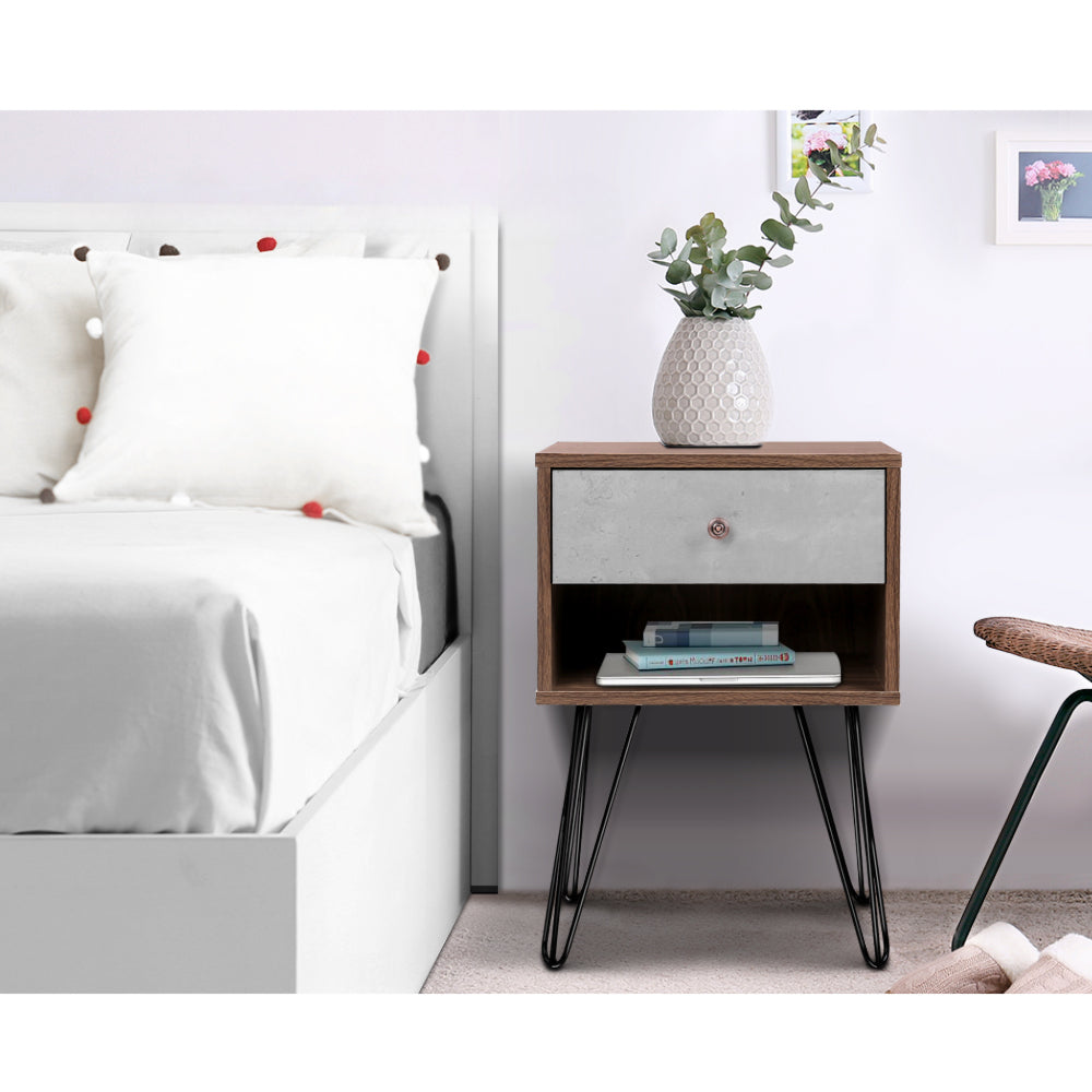 Bedside Table with Drawer - Grey & Walnut