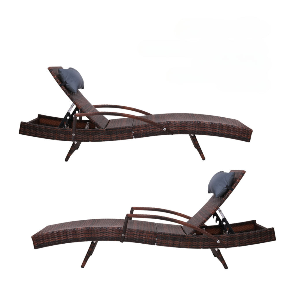 Sun Lounge Outdoor Wicker Lounger Rattan Garden Patio Set of 2 - Brown