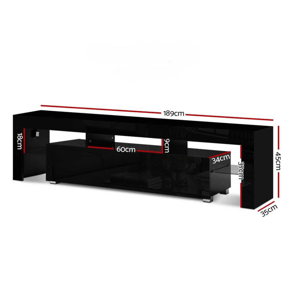 189cm RGB LED TV Stand Cabinet Entertainment Unit Gloss Furniture Drawers Tempered Glass Shelf Black