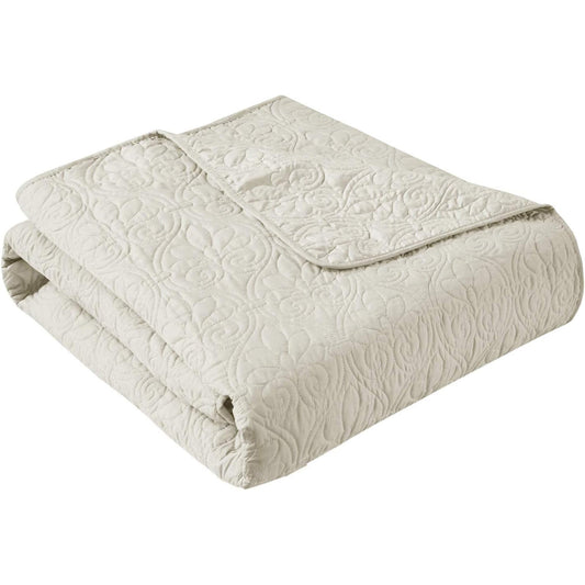 Ultra Soft Cotton Filled Damask Stitching Design Quilted Throw Blanket - Ivory