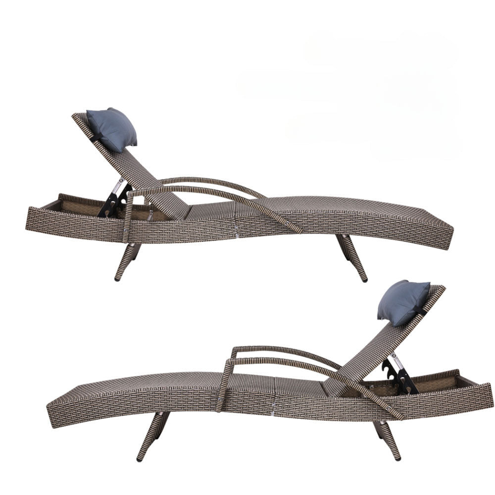 Sun Lounge Outdoor Wicker Lounger Rattan Garden Patio Set of 2 - Grey