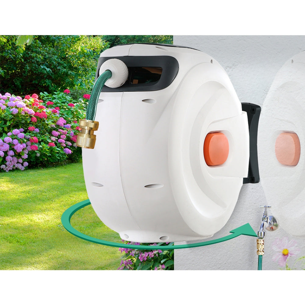 Retractable Hose Reel 30M Garden Water Brass Spray Gun Auto Rewind