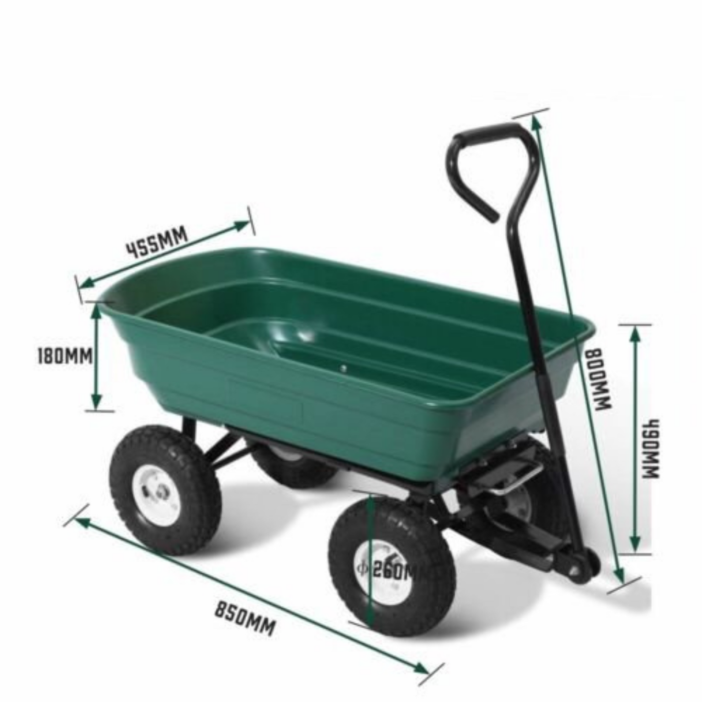 65L Garden Dump Cart Tipping Bed Trolley Wagon Wheelbarrow Holds Up to 270kg