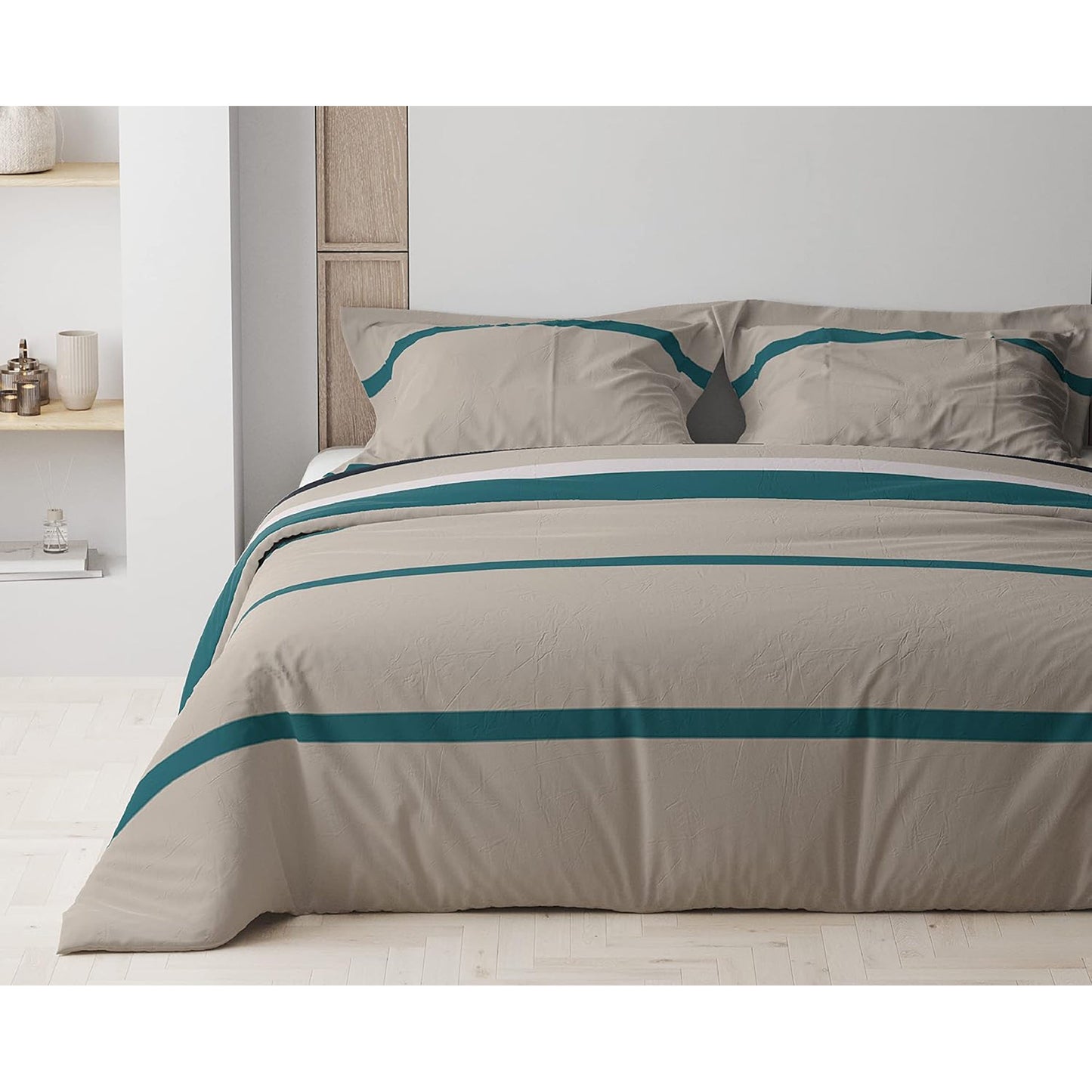 Reversible Microfibre Queen Bed Quilt Cover Set with Button Closure - Turquoise Navy Beige