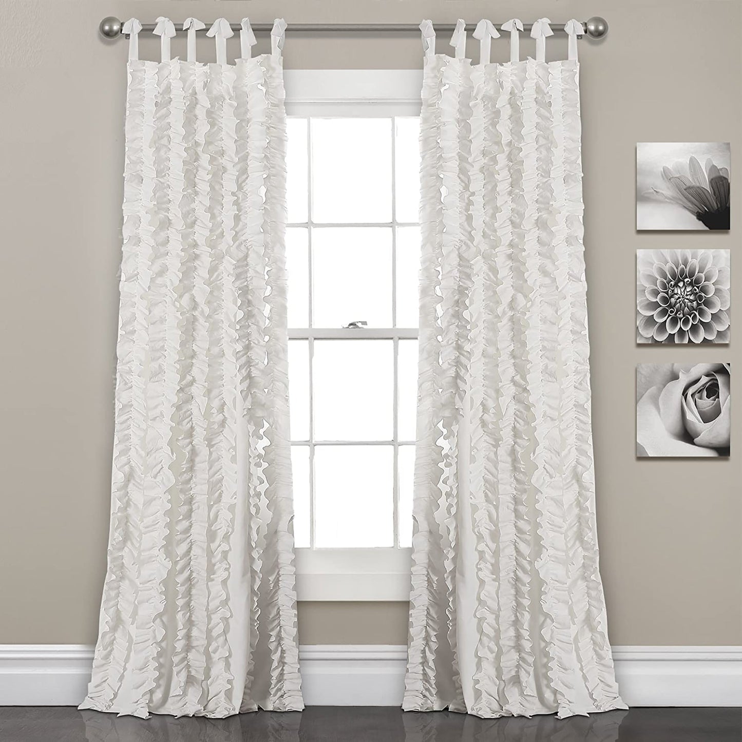 Ruffle Curtain Textured Window Panel Set for Living Dining Room and Bedroom - White