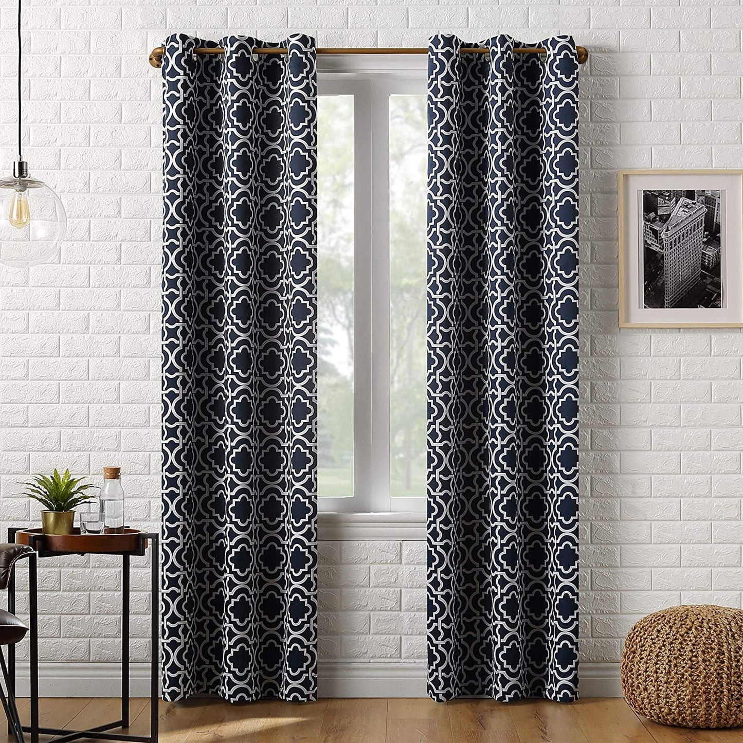 1PC Trellis Blackout Grommet Curtain Panel 40x95 Inch - Navy Blue