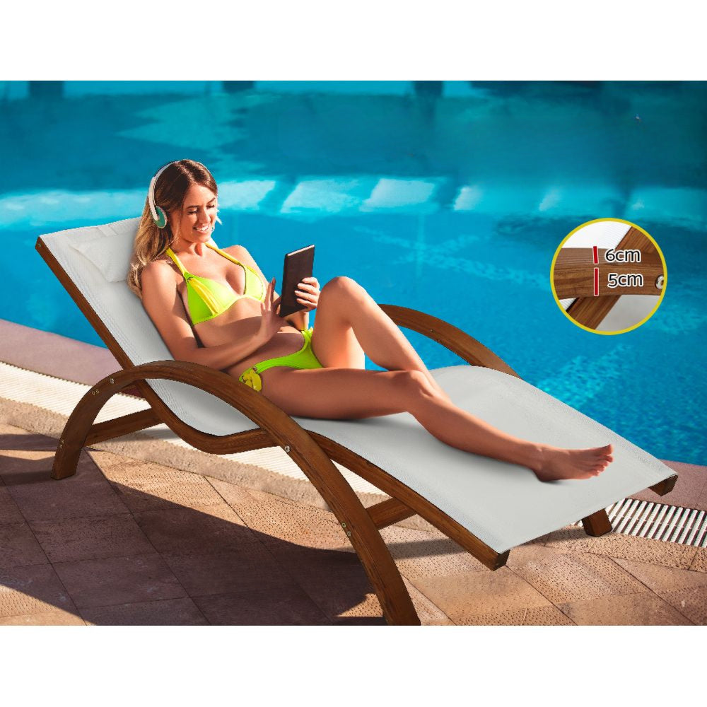 Outdoor Wooden Sun Lounge Chair Garden Patio Furniture - Cream