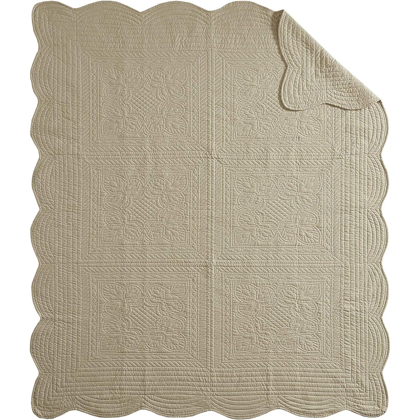 Ultra Soft Cotton Filled Damask Stitching Design Quilted Throw Blanket - Khaki